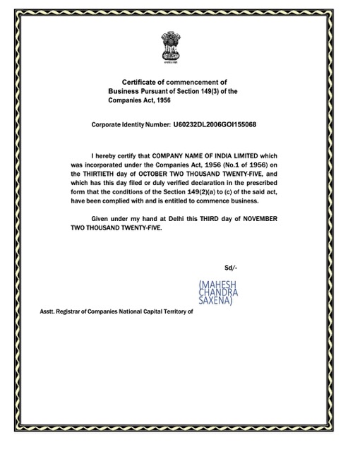 India certificate of commencement Word and PDF template